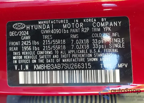 2025 Hyundai Kona Sel z USA, uszkodzony, nr VIN KM8HB3AB7SU266315